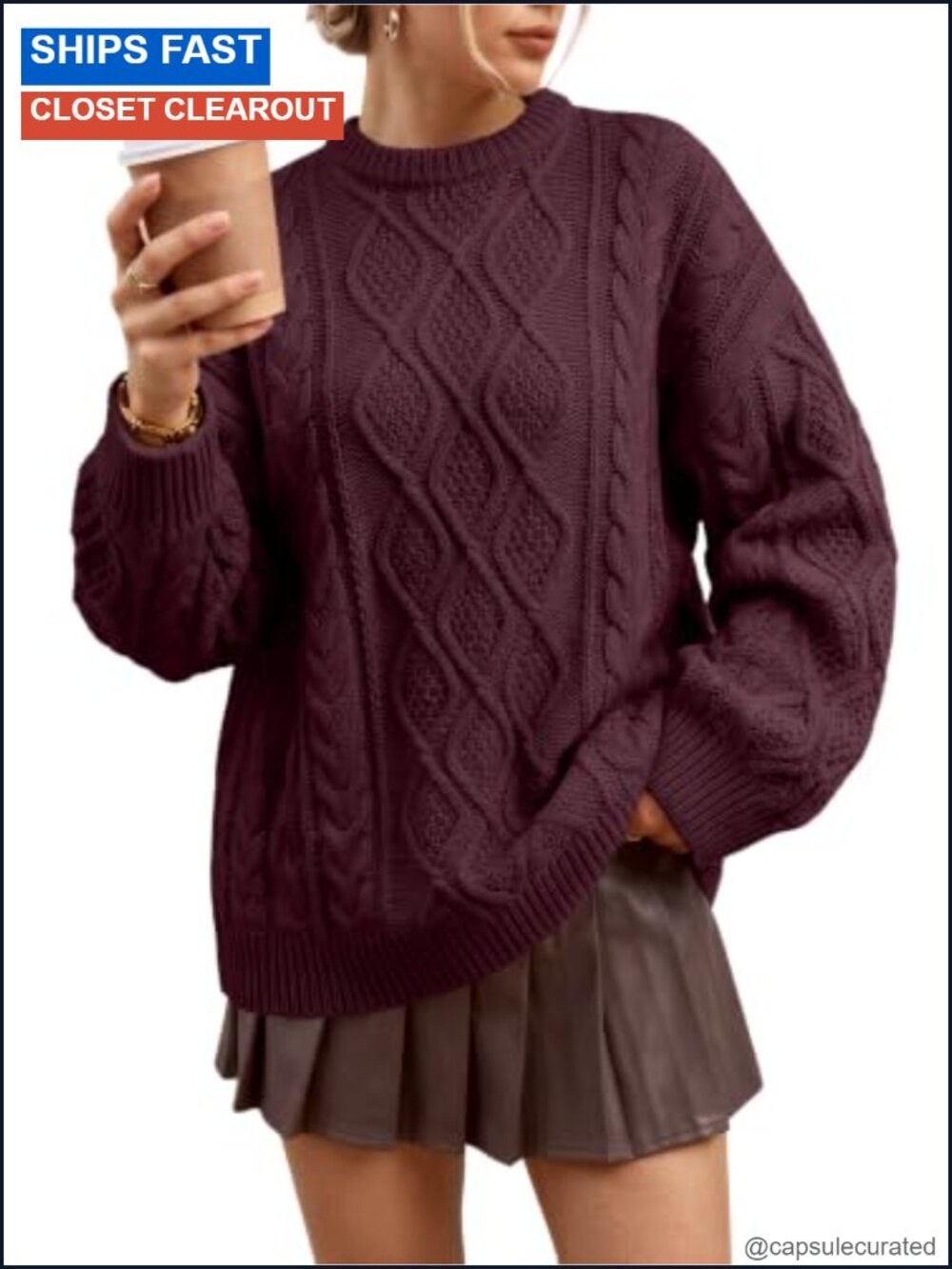 Oversized Cable Knit Cotton Blend Sweater Pullover Crew Neck Long Sleeve